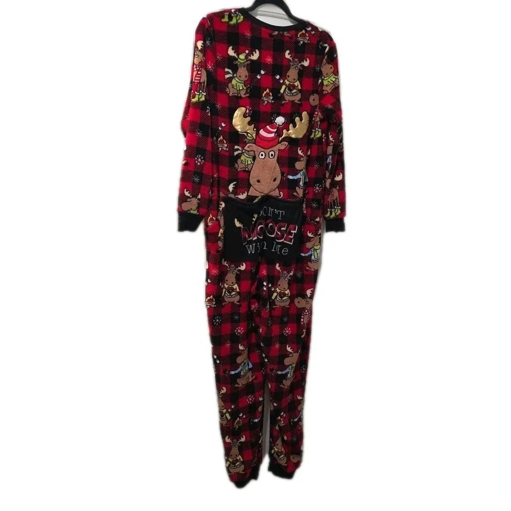 Womens Plush Red Moose‎ Christmas Funny Print Pajamas Sleeper Medium